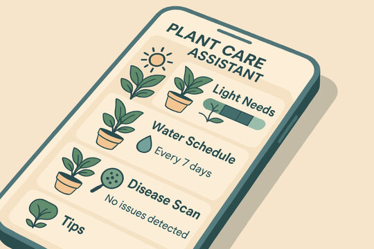 Plant care assistant app displaying light and water needs with disease scan feature