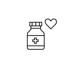 Bottle of pills and heart. Healing with care, medical support. Medication and pharmacy. Pixel perfect, editable stroke vector icon