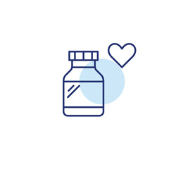 Bottle of pills and heart. Healing with care, medical support. Cardiology healthcare. Medication and pharmacy. Pixel perfect, editable stroke vector icon