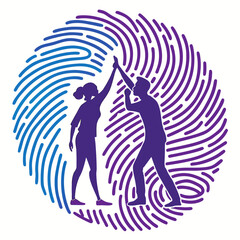 Diverse team members celebrating success with a high five inside a vibrant fingerprint graphic