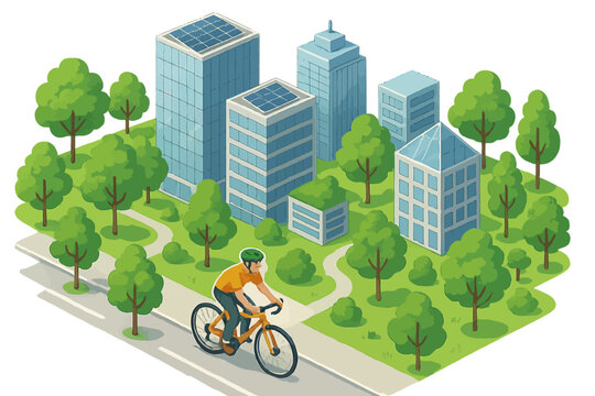 Caucasian male adult cycling past green urban landscape with solar-powered buildings