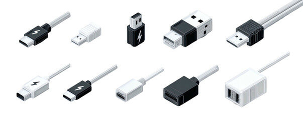 Various USB and USB-C adapters and cables, isolated on black