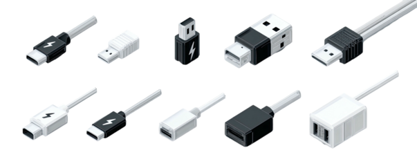 Various USB and USB-C adapters and cables, isolated on black