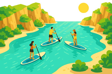 Young caucasian adults paddleboarding on serene lake surrounded by cliffs and lush nature