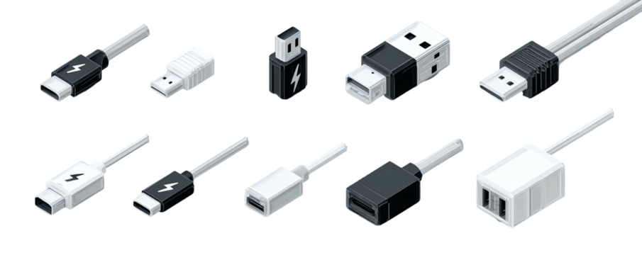 Various USB and USB-C adapters and cables, isolated on black