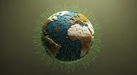 A stylized 3D rendering of planet Earth, covered in green spikes, symbolizing global connectivity or a virus.