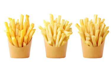 Three cups of golden, crispy french fries