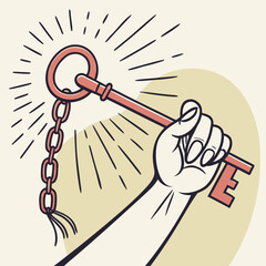 Hand holding old skeleton key with chain symbolizing opportunity and success