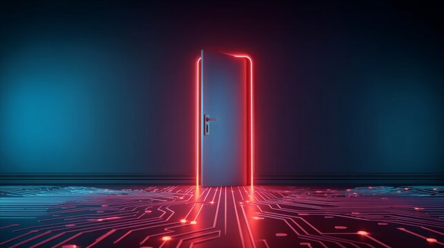 Neon Doorway to a Cyber Future: Technology Gateway and Circuitry Floor