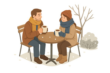 Young caucasian couple enjoying winter coffee outdoors in cozy attire