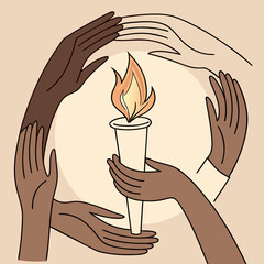 Diverse hands encircling a lit torch symbolizing unity hope and shared progress