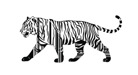 Obraz premium Powerful tiger silhouette with barcode pattern, symbolizing endangered wildlife and conservation