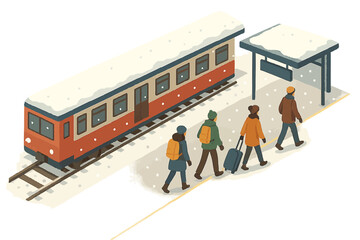Snowy train platform with travelers: winter travel scene illustration