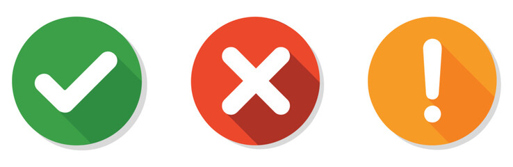 Green Check Mark Red Cross And Orange Exclamation Point Icons With Shadows symbol