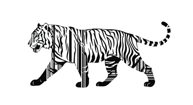Powerful tiger silhouette with barcode pattern, symbolizing endangered wildlife and conservation