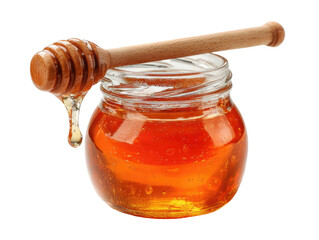 Jar of golden honey with wooden dipper, dripping golden sweetness
