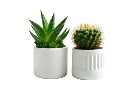 Two potted succulents and a cactus against a black background