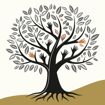 Stylized black tree with many branches bearing leaves and human hands reaching out