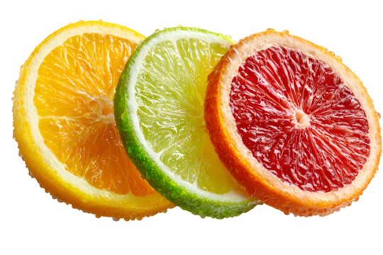 Three vibrant citrus fruit slices including orange lime and blood orange on a black background