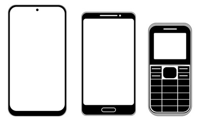 Collection of mobile phone mockups featuring modern smartphones, touchscreen phones, and classic keypad phones displayed on a white background. Perfect for showcasing mobile app interfaces, website de