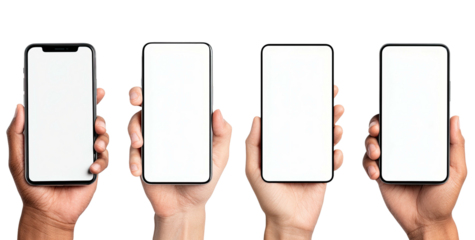 Four diverse hands hold blank modern smartphones against black