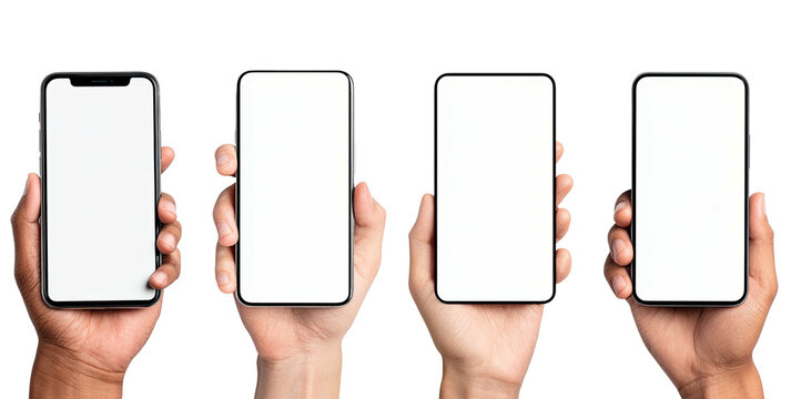 Four diverse hands hold blank modern smartphones against black
