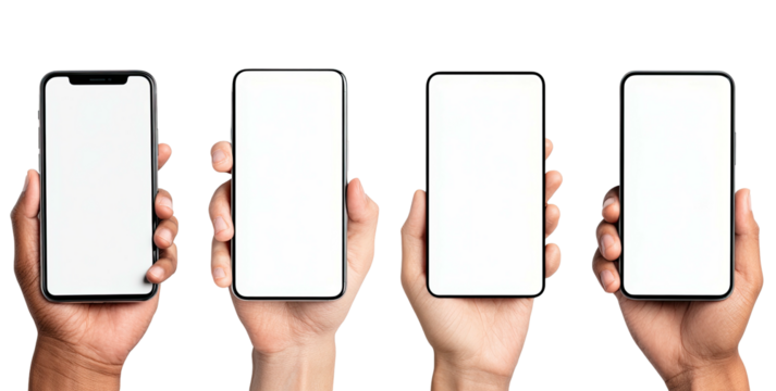 Four diverse hands hold blank modern smartphones against black - Powered by Adobe