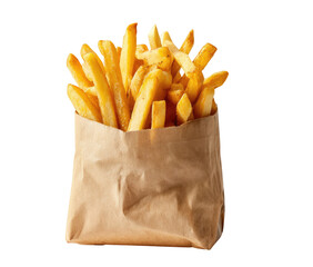 Golden brown potato fries overflowing from a kraft paper bag