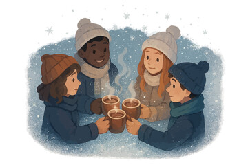 Diverse children enjoying hot chocolate in winter wonderland scene
