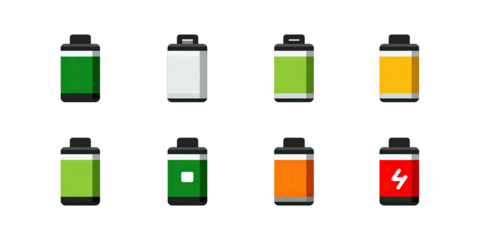 Eight pixel art battery icons show charge levels from full to empty