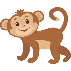 Cute cartoon monkey with brown fur smiling playfully with a curved tail and large ears isolated on a transparent background