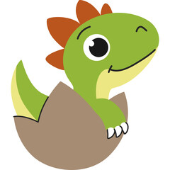 Cute cartoon green baby dinosaur hatching from a brown egg with orange spikes on its head and a happy expression on white background