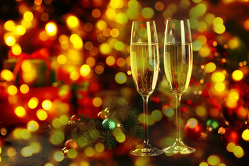 Sparkling wine in glasses and festive decor, bokeh lights. New Year greeting card