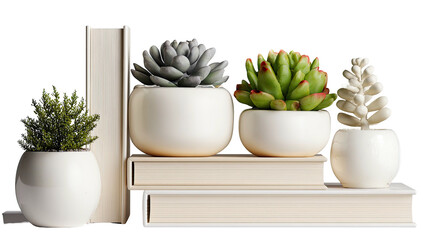 Four small potted plants sit on books