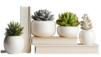 Four small potted plants sit on books