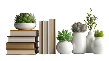 Stack of books with potted plants and vases