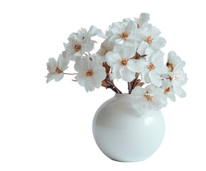 Delicate white blossoms fill a smooth, round vase