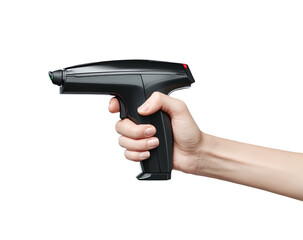 Futuristic phaser-like device held by a human hand against a black background