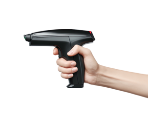 Futuristic phaser-like device held by a human hand against a black background