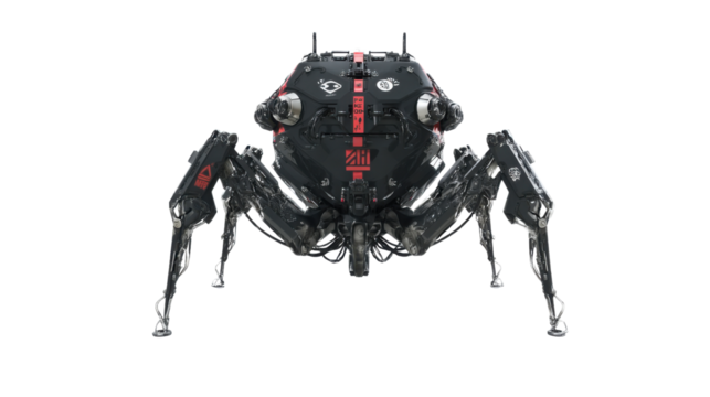 Cybernetic Marvel: A sleek, spider-like robot stands in stark detail, its intricate design suggesting advanced technology and innovation.