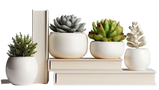 Four small potted plants sit on books