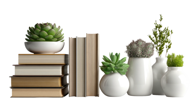 Stack of books with potted plants and vases