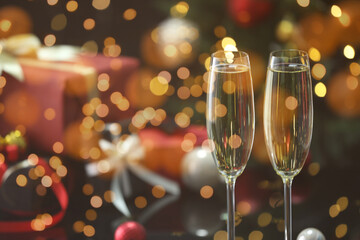 Sparkling wine in glasses, bokeh lights. New Year greeting card