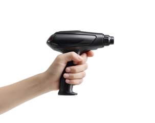Hand holding a futuristic black phaser-like device