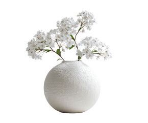 White textured vase holding delicate white blossoms with green stems