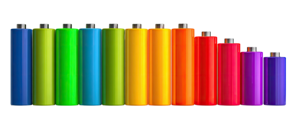 Cylindrical power cells arranged in rainbow spectrum, descending in size