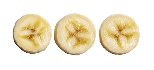 Three perfectly sliced banana rounds on black background