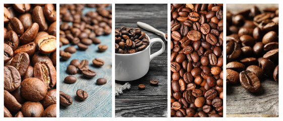 Roasted coffee beans, collage of pictures. Banner design