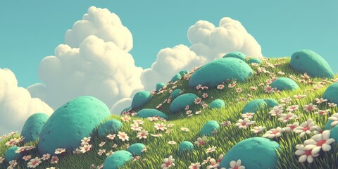 Dreamy Cartoon Landscape with Turquoise Rocks and Wildflowers under Cloudy Sky