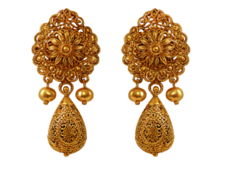 Traditional Indian gold filigree teardrop earrings isolated on transparent background